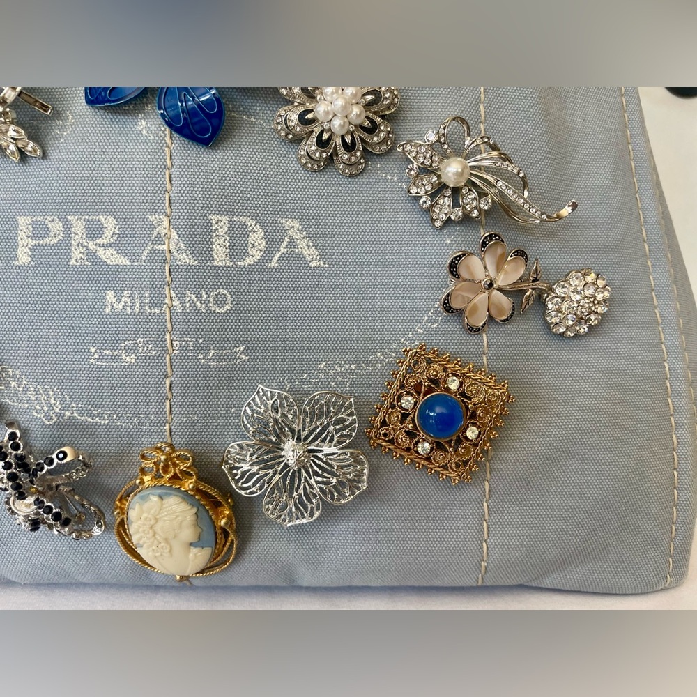 Prada Light Blue Denim Tote, Custom Embellished with 14 Vintage Brooches,16x9x10 - Picture 9 of 16